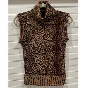 Magaschoni Animal Print Sleeveless Top Silk Lambswool Blend Small Cheetah‎
